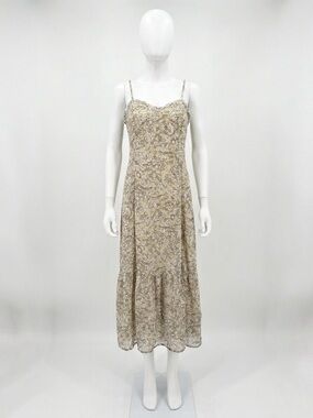 Floral Lace-Trim Beige Slip Dress with Spaghetti Straps